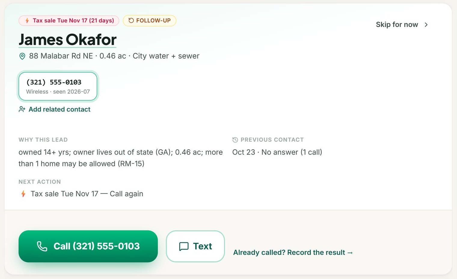 LandOS Call mode: the owner, the property, why this lead, previous contact and the call script
